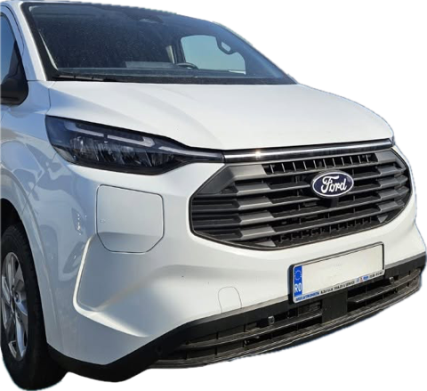 Autoutilitara albă Ford a Solidar Move, văzută din față